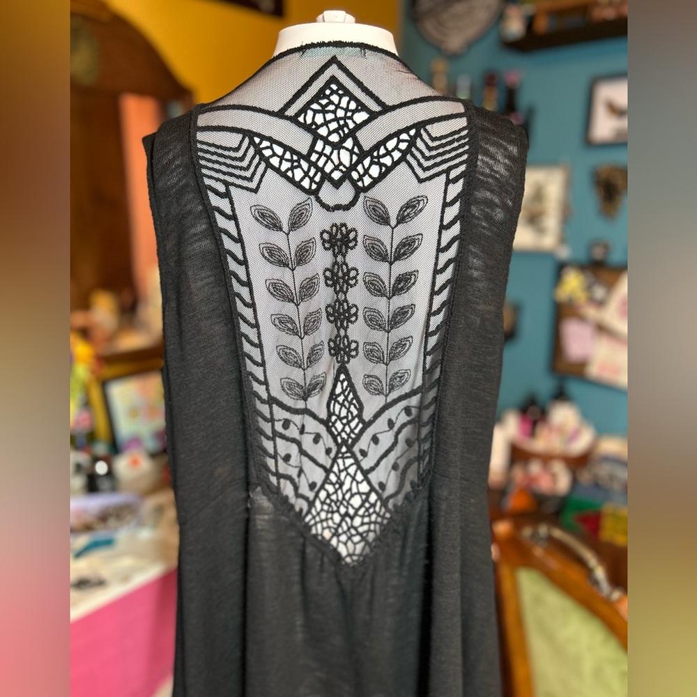 Black Boho Whimsigoth Long Vest with Lace Inset on Back